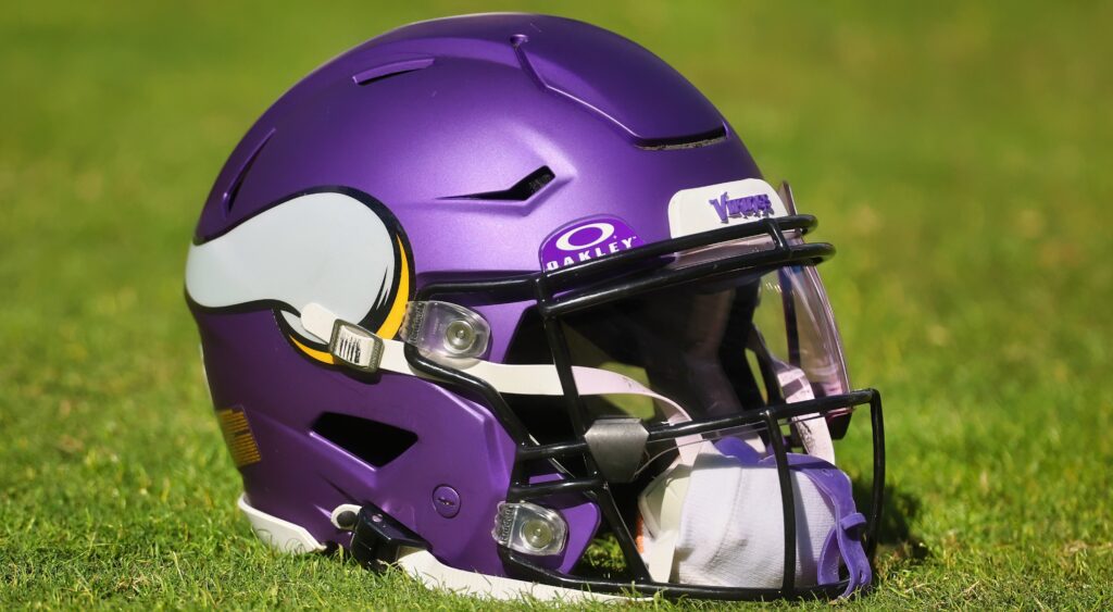 Minnesota Vikings helmet on the field. Second-year CB Mekhi Blackmon suffered a season-ending injury at training camp.