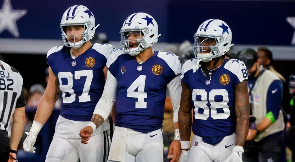 Dallas Cowboys players looking on during game.