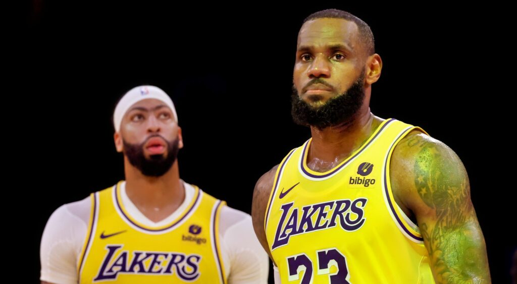 Anthony Davis and LeBron James of the Los Angeles Lakers look on.