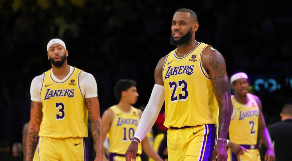 Anthony Davis (left) and LeBron James (right) of Los Angeles Lakers looking on.