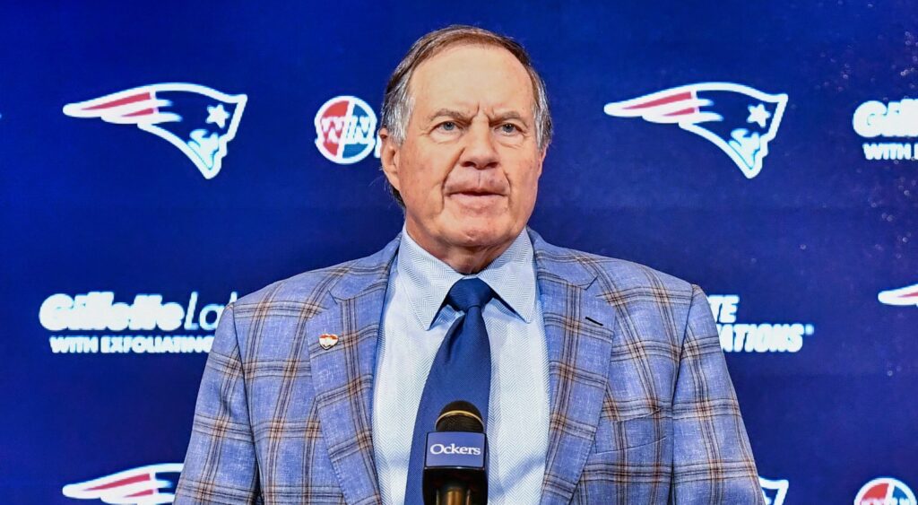 Bill Belichick of New England Patriots speaking at press conference.