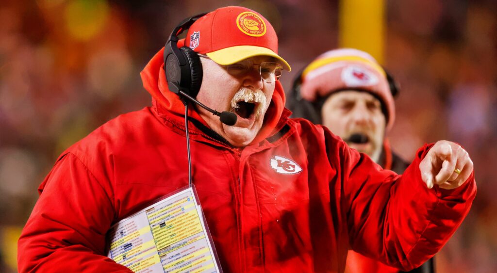 Kansas City Chiefs head coach Andy Reid yelling on sidelines