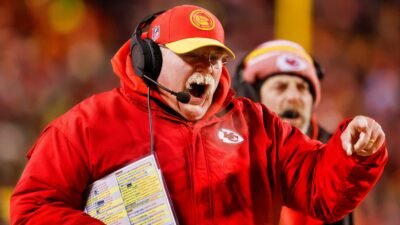 Kansas City Chiefs head coach Andy Reid yelling on sidelines