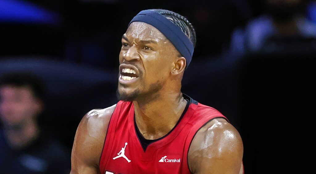Jimmy Butler of Miami Heat reacts during game.