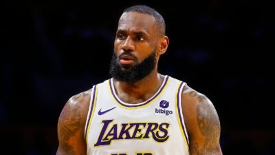 LeBron James in white Lakers jersey