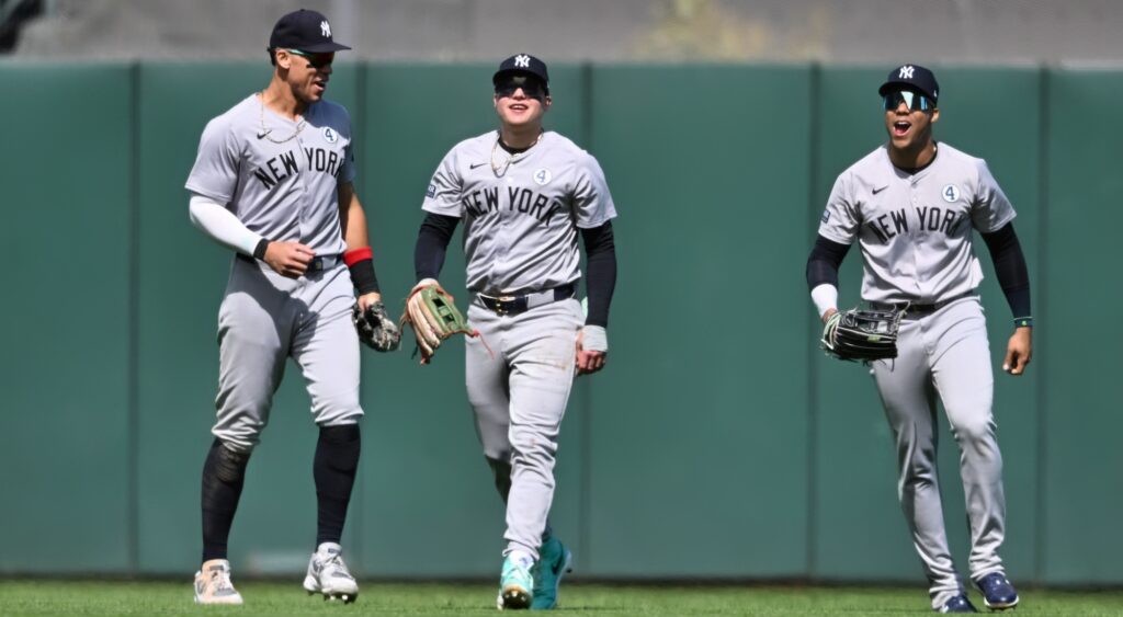 Aaron Judge, Alex Verdugo and Juan Soto react.