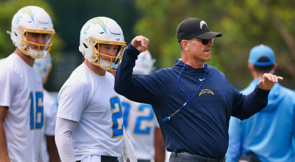 Los Angeles Chargers head coach Jim Harbaugh leading a practice.