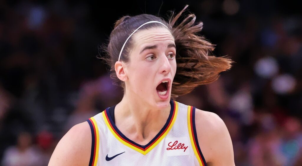 Caitlin Clark of Indiana Fever reacts to referee.