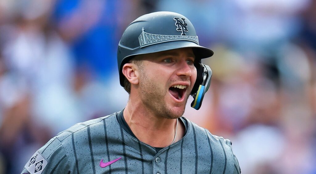 Pete Alonso of New York Mets reacts during game.