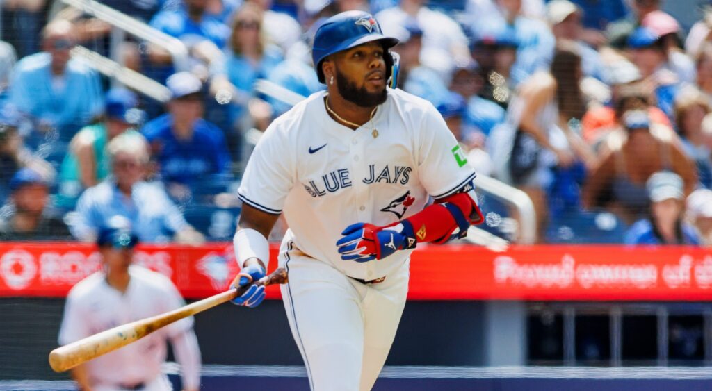 Vladimir Guerrero Jr. of Toronto Blue Jays looking on after a hit.