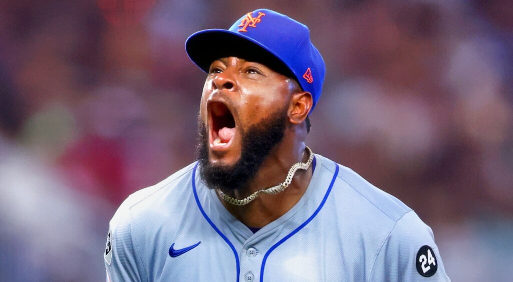 Luis Severino of New York Mets reacts during game.