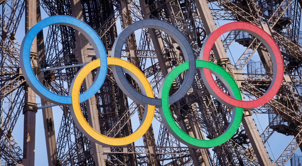 Olympic rings on the Eiffel Tower at the Paris Olympic Games.