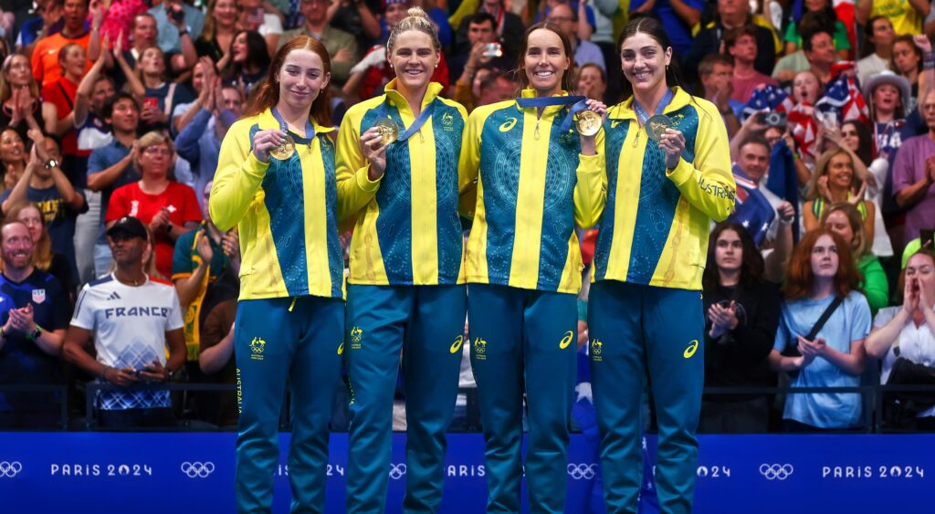 Australia swim team Mollie O'Callaghan, Shayna Jack, Emma McKeon and Meg Harris 