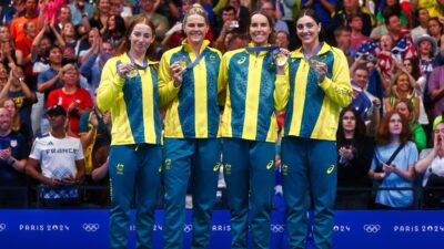 Australia swim team Mollie O'Callaghan, Shayna Jack, Emma McKeon and Meg Harris