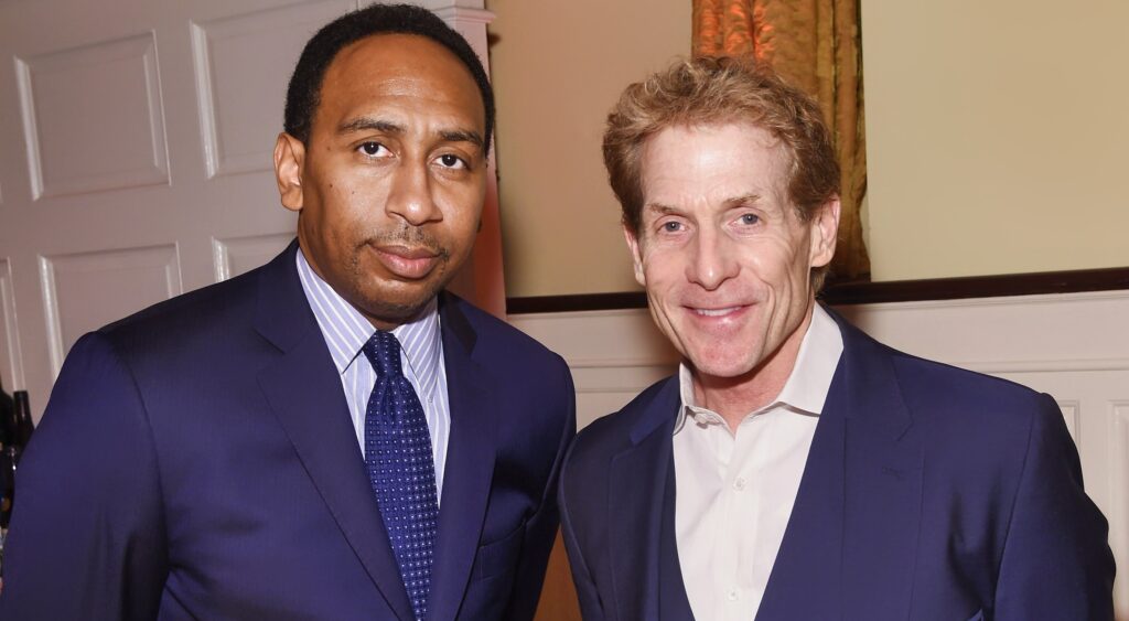 Stephen A Smith and Skip Bayless posing