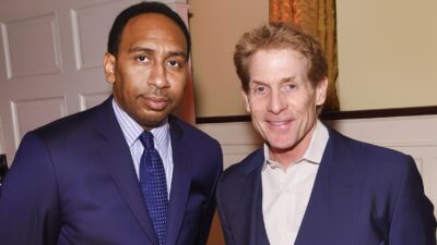 Stephen A Smith and Skip Bayless posing