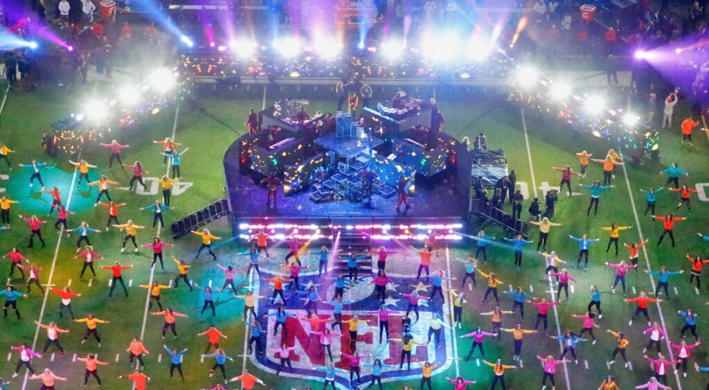 Aerial view of the Super Bowl halftime show.