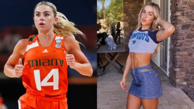 Haley Cavinder in Miami Hurricane jersey and posing in Cowboys outfit