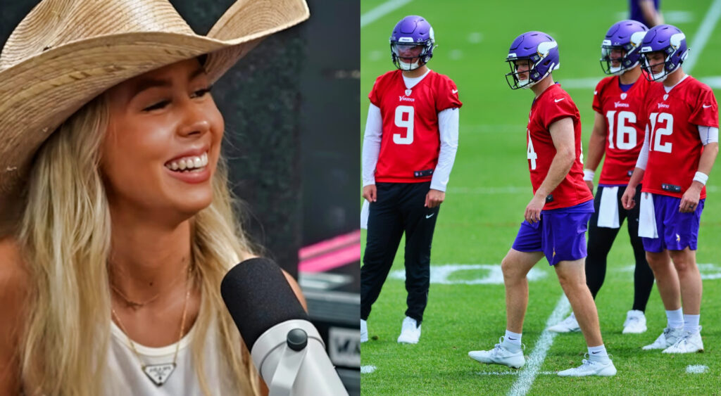 Photos of Hawk Tuah Girl and Minnesota Vikings players