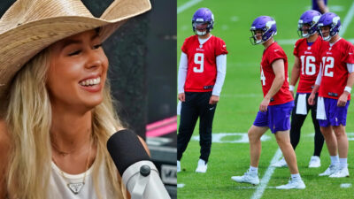 Photos of Hawk Tuah Girl and Minnesota Vikings players