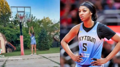 Hoop Like Angel Reese Meme (left), Angel Reese with her hands on her waist (right)