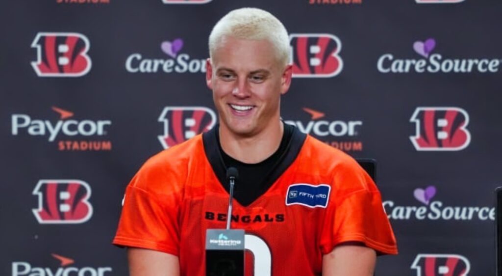 Joe Burrow speaks at a press conference.