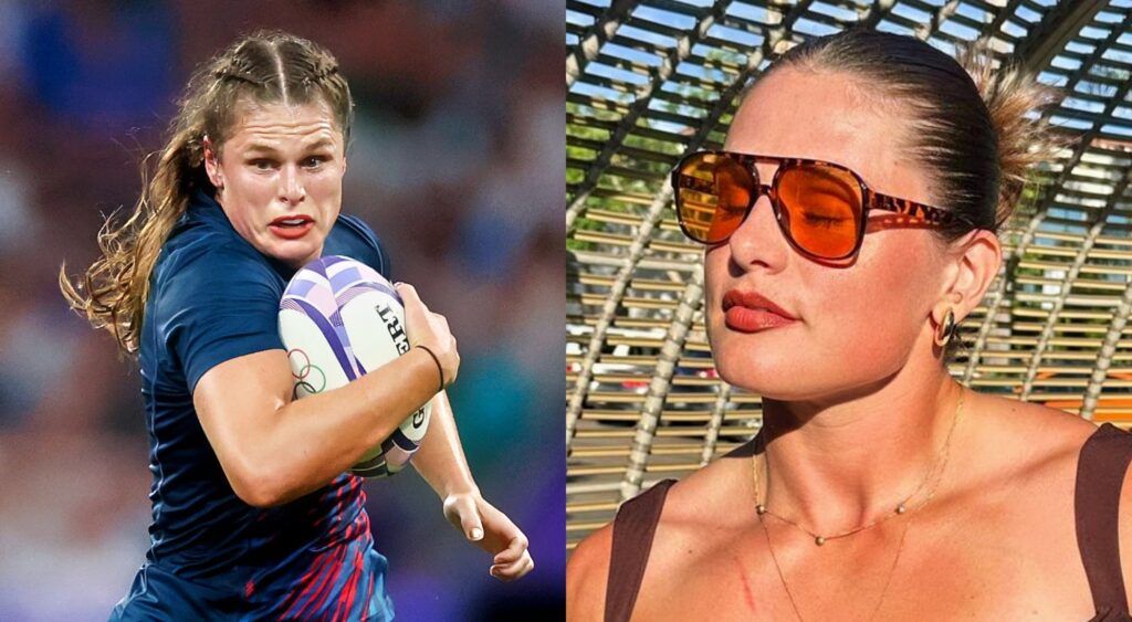 Ilona Maher carrying the ball in rugby and posing for a photo with sunglasses.