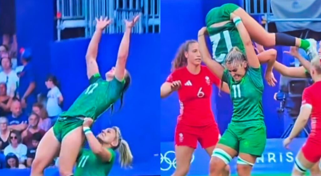 Ireland female rugby player lifts her teammate over her head at the Olympic games.