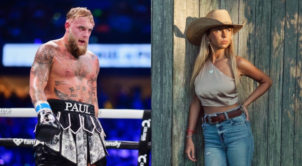 Jake Paul in boxing ring and Haliey Welch posing.