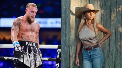 Jake Paul in boxing ring and Haliey Welch posing.