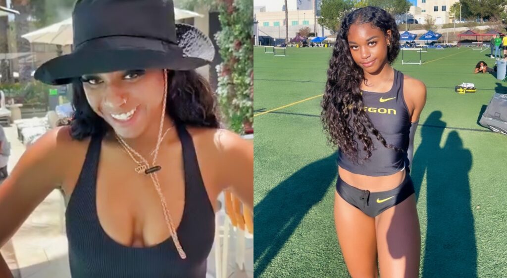 Jasmin Reed posing in both photos in a bikini and in her track leotard