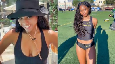 Jasmin Reed posing in both photos in a bikini and in her track leotard