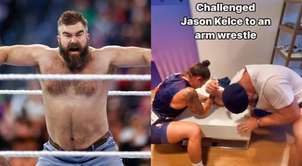 Jason Kelce shirtless in WWE ring and Jason Kelce arm wrestling Nicole Heavirland.