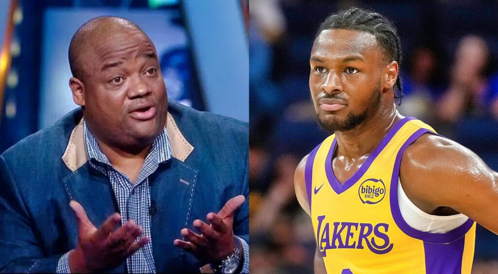 Jason Whitlock speaking on a show and Bronny James looking on during a game.