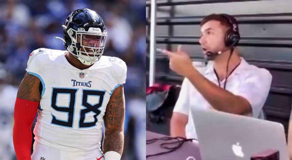 Jeffery Simmons yelling during a game and Buck Reising pointing from behind desk.