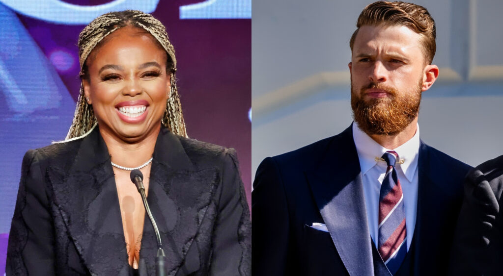 Photo of Jemele Hill smiling and photo of Harrison Butker staring