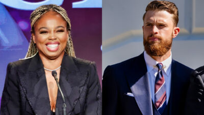 Photo of Jemele Hill smiling and photo of Harrison Butker staring