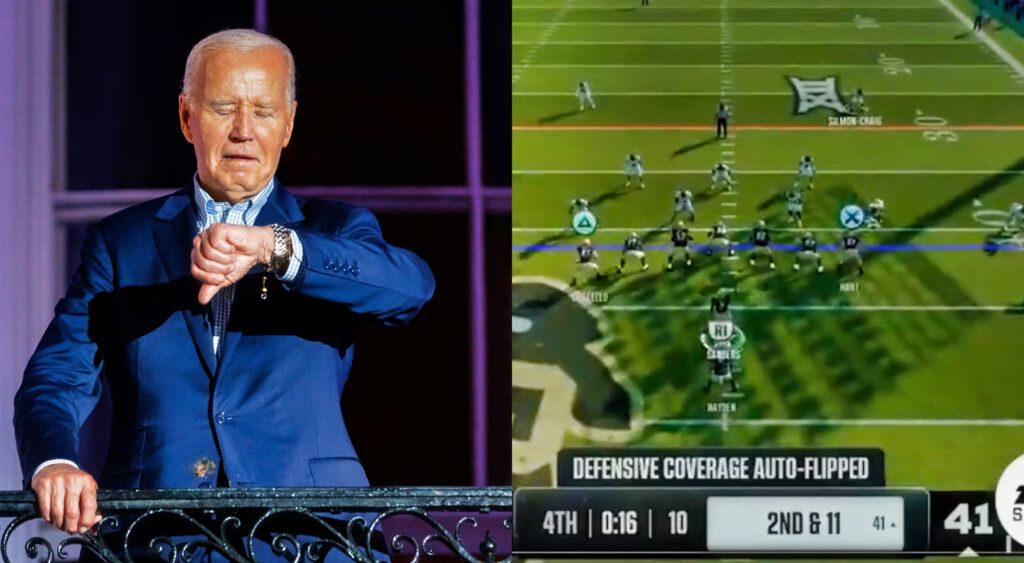 Joe Biden checking his watch (left) and 'College Football 25' gameplay (right)