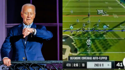 Joe Biden checking his watch (left) and 'College Football 25' gameplay (right)