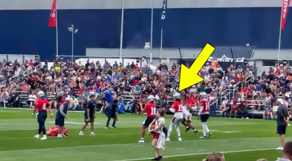 Joe Milton dropping back for a pass at New England Patriots camp.