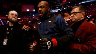 Jon Jones looks on during the UFC heavyweight championship fight