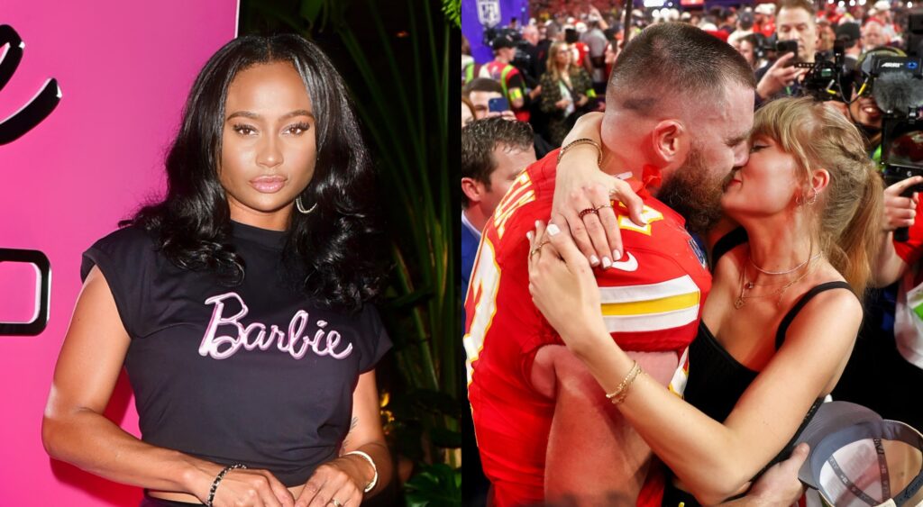 Kayla Nicole poses at the Barbie premier and Travis Kelce kisses Taylor Swift on the football field.