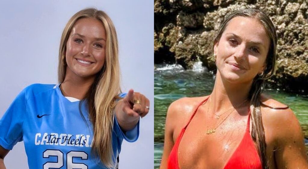 Kate Faasse poses in her soccer uniform while pointing and Kate posing in her bikini in the ocean.