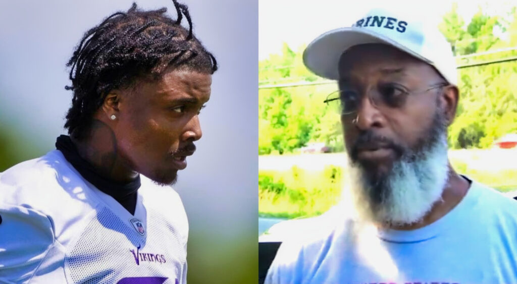 Photo of Khyree Jackson in Vikings uniform and photo of Anthony Jackson being interviewed