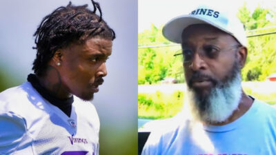 Photo of Khyree Jackson in Vikings uniform and photo of Anthony Jackson being interviewed