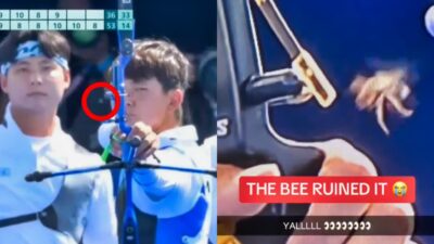 Kim Je-deok getting ready to shoot bow and arrow before bee shows up