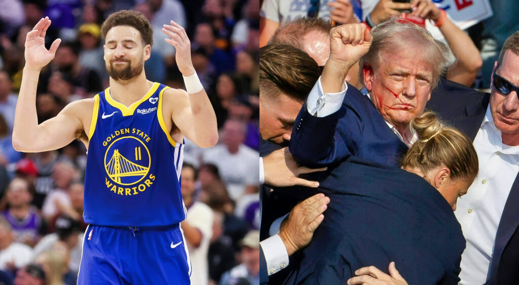 Photos of Klay Thompson and Donald Trump