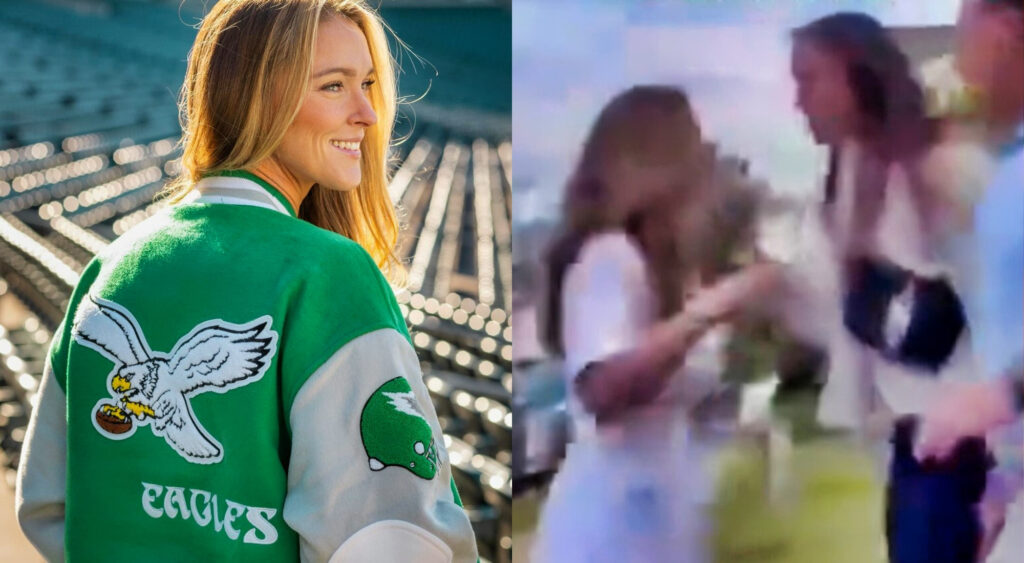 Kylie Kelce smiling (left) and Kylie Kelce arguing with fan (right)