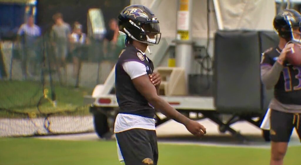 Lamar Jackson on the field during practice.