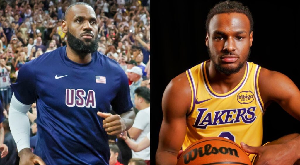 LeBron James in Team USA uniform and Bronny James posing in Lakers uniform